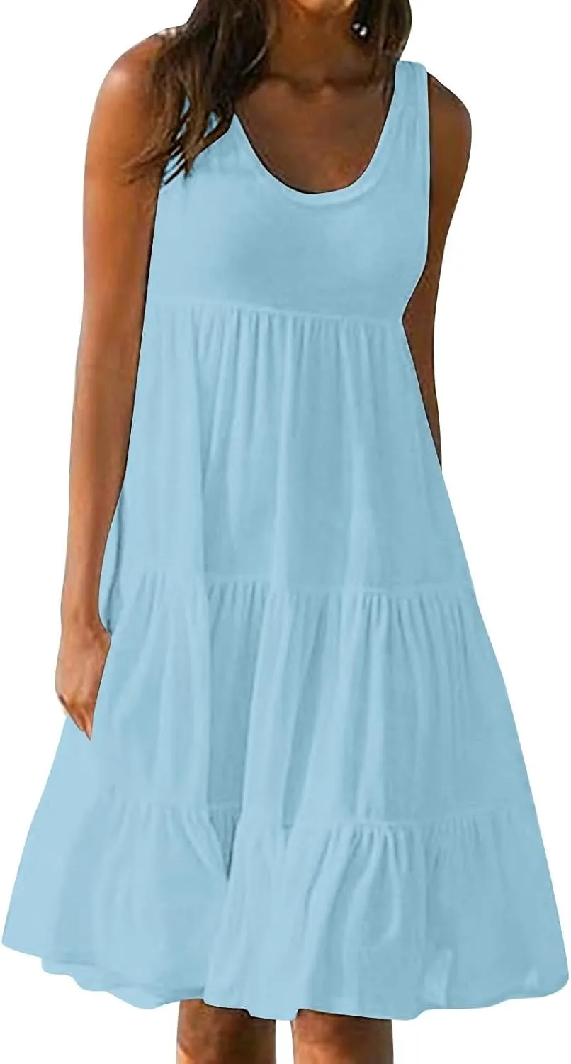 Sundresses for Women Casual Beach 2025 Summer Tank Dress Round Neck Pleated Dresses Plus Size Solid Vacation Sun Dress