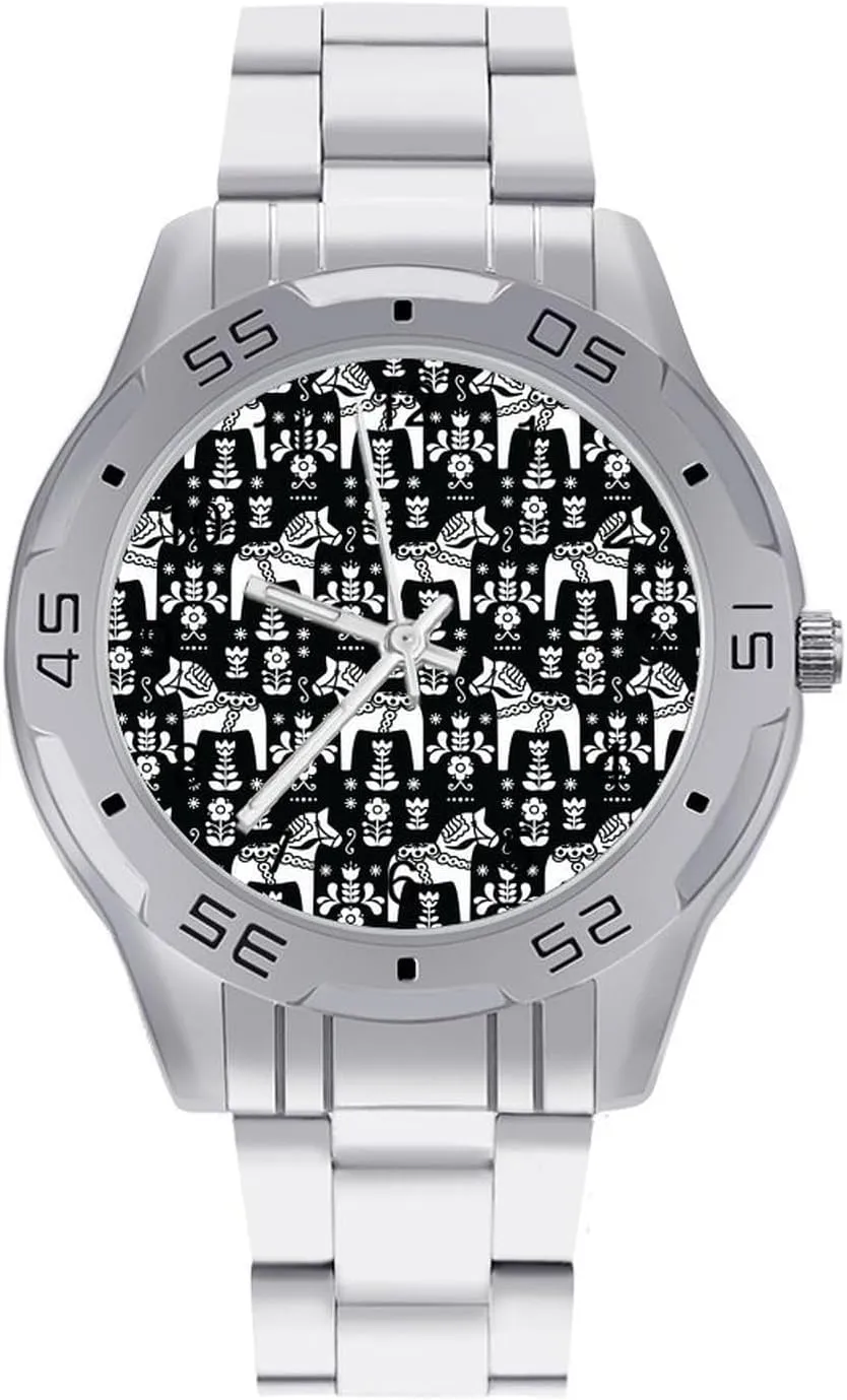 Swedish Folk Art Dala Horse Print Stainless Steel Metal Strap Simple Business Watches for Men Easy Reader Work Casual Watch