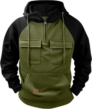 Tactical Sweatshirts for Men Quarter Zip Hoodie Retro Western Drawstring Long Sleeve Sweatshirt Hoodie