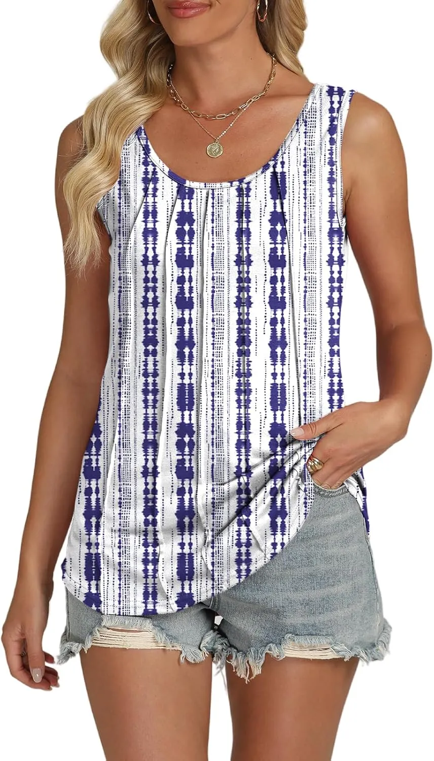Tank-Tops-for-Women 2025 Summer Sleeveless Casual Pleated Shirts Trendy Scoop Neck Tunics Flowy Tees
