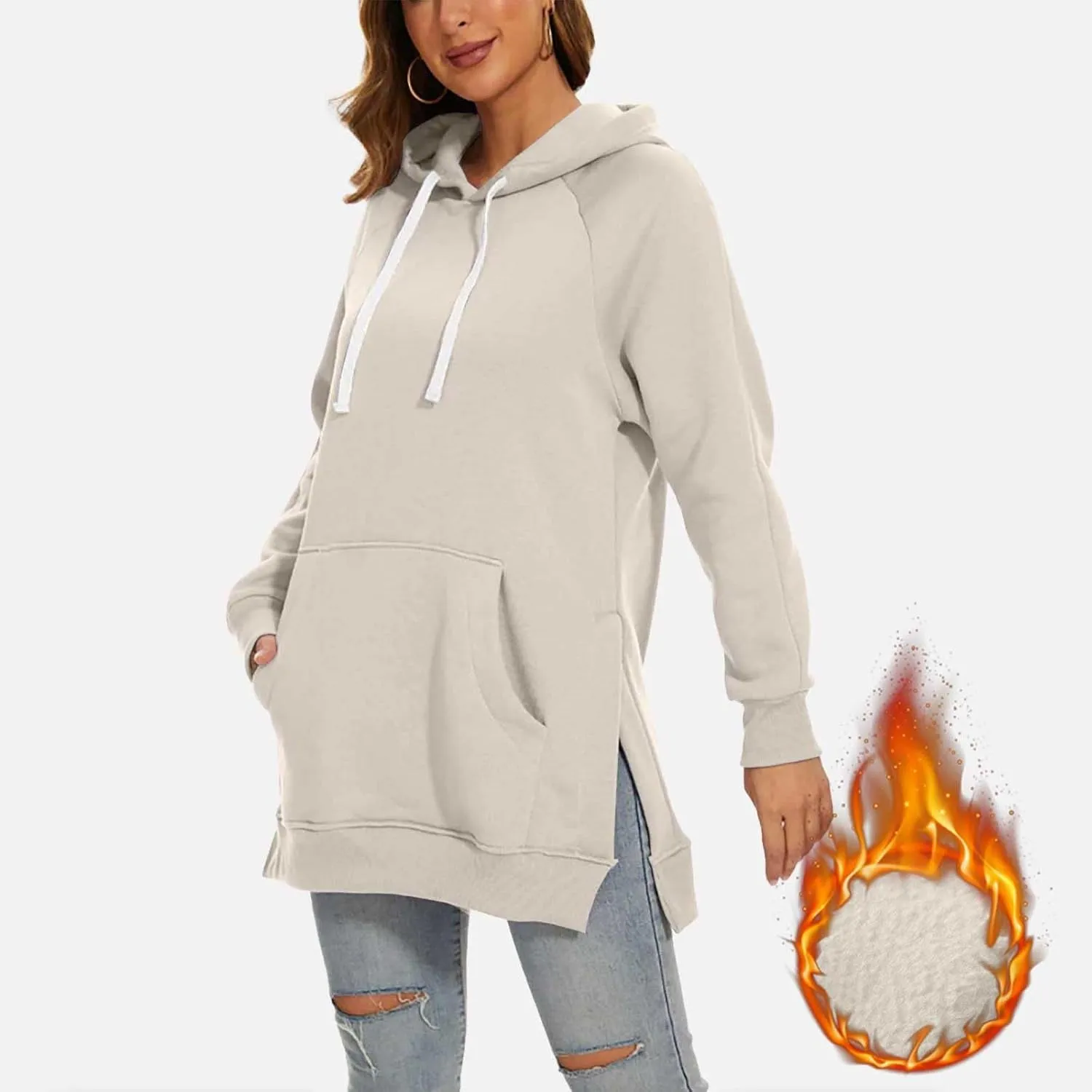 The Warmys Oversized Hoodie Dress, Sherpa Lined Long Sleeve Split Hem Valentines Day Pullover Sweatshirts with Pocket
