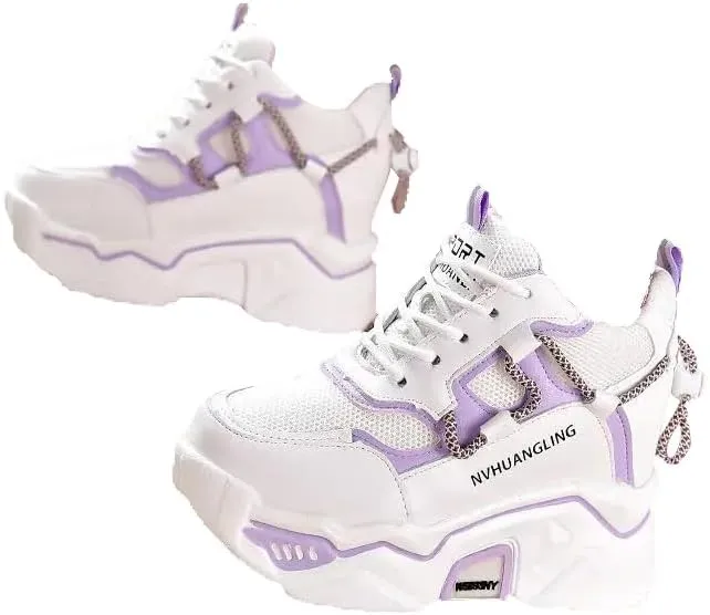 Thick Sole Sports Casual Leather Shoes for Ladies, Womens Platform Sneakers, Oxfords, Air Cushion, Lace-up, High top, Platform, Retro Shoes, Vulcanize Shoes, Court Sneakers, Walking Shoes Lilac (6.5)