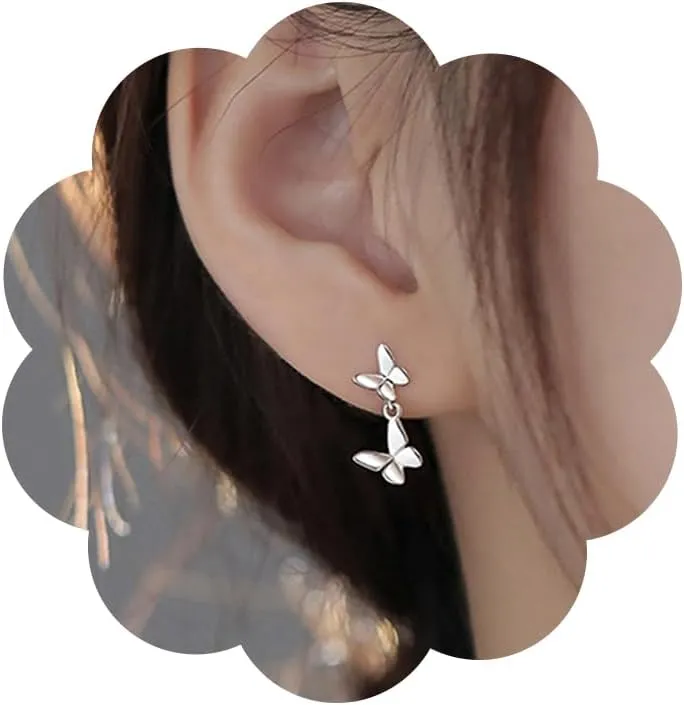 Tiny Butterfly Earrings for Women Dainty Silver Stud Earrings 2 Butterfly Pendant Elegant Earrings Minimalist Earrings Jewelry for Gift