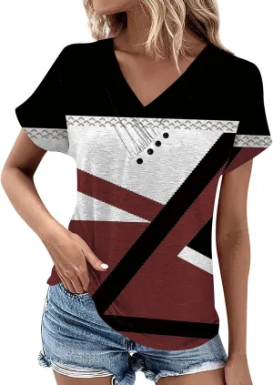 Tops for Womens Plus Size Short Sleeve Casual Pullover V Neck Fashion Blouse Tees 2024 Summer Button Printed T Shirt