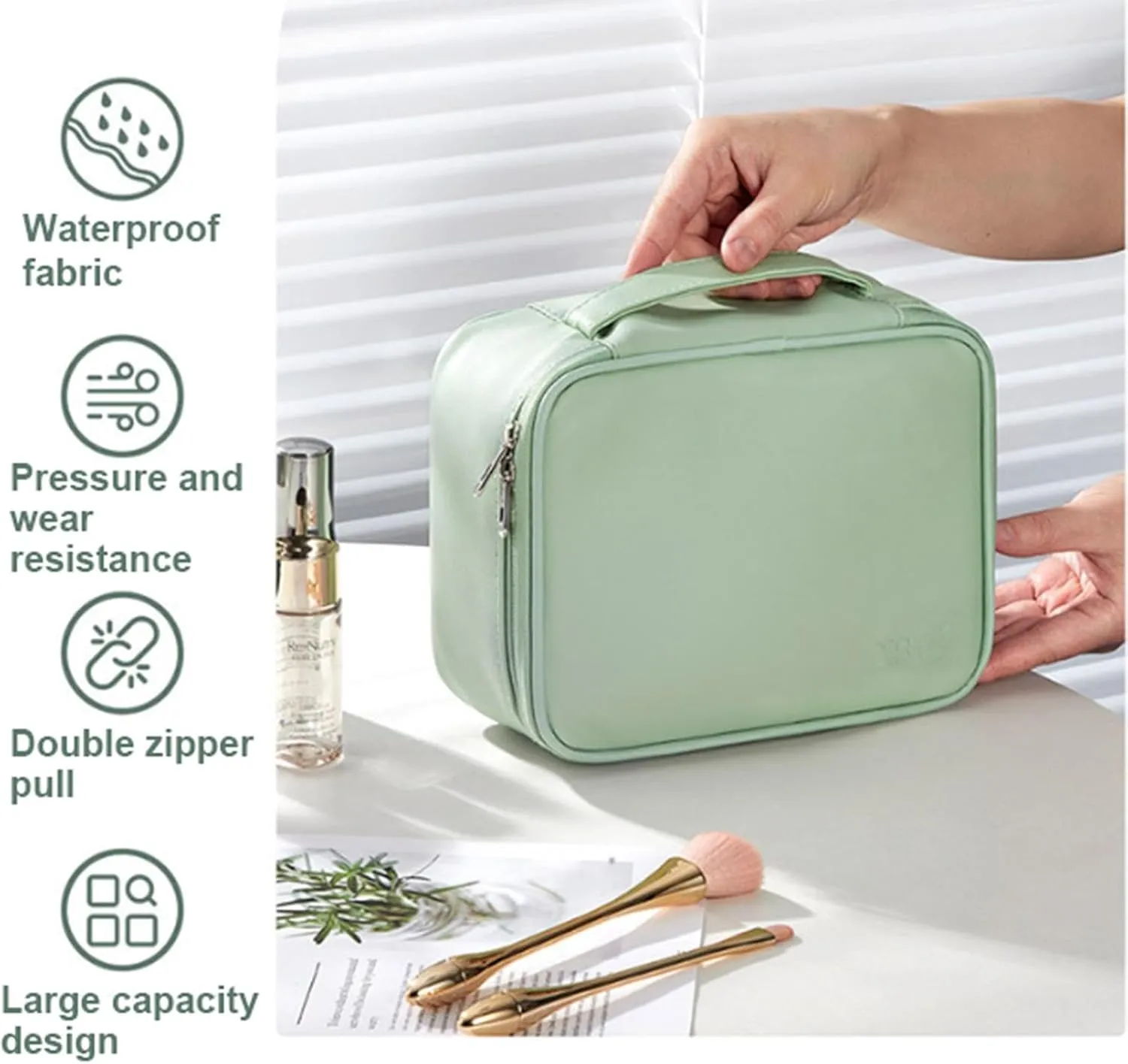 Travel Makeup Bag with Brush Holder,Portable Cosmetic Bags Waterproof PU Leather Toiletry Bag,Travel Makeup Organizer Bag for Girls Women,A