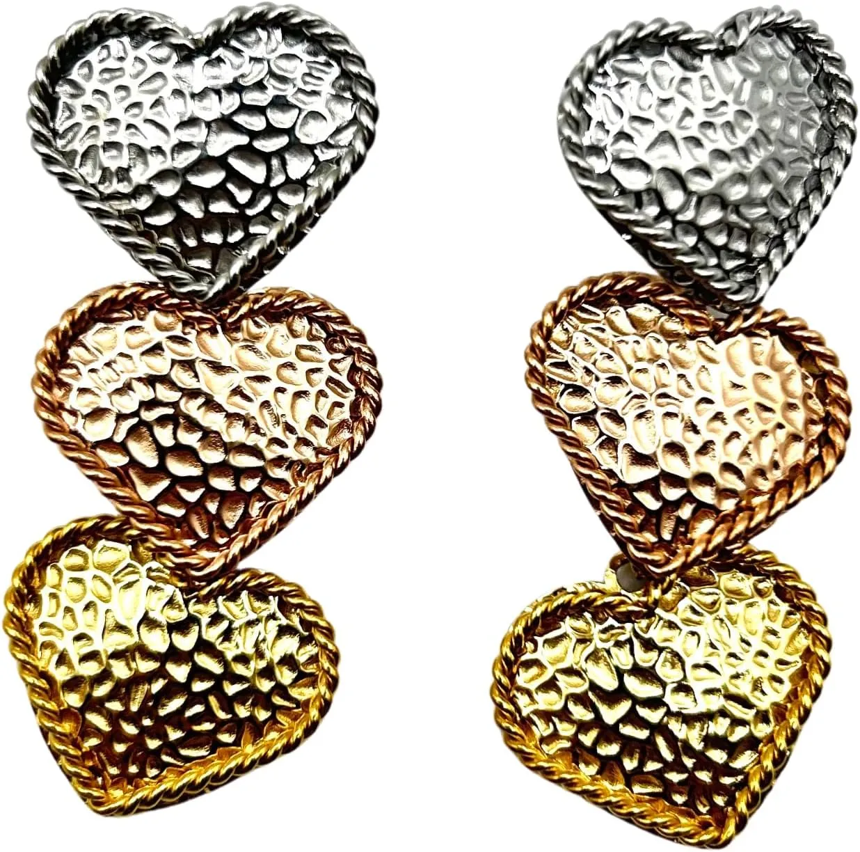 Tricolor Textured Heart Dangle Earrings - Stainless Steel, Hypoallergenic, Modern Design
