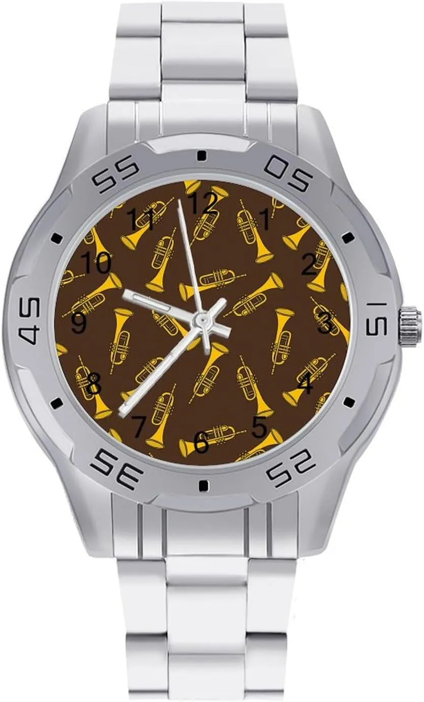 Trumpet Doodle Pattern Stainless Steel Metal Strap Simple Business Watches for Men Easy Reader Work Casual Watch