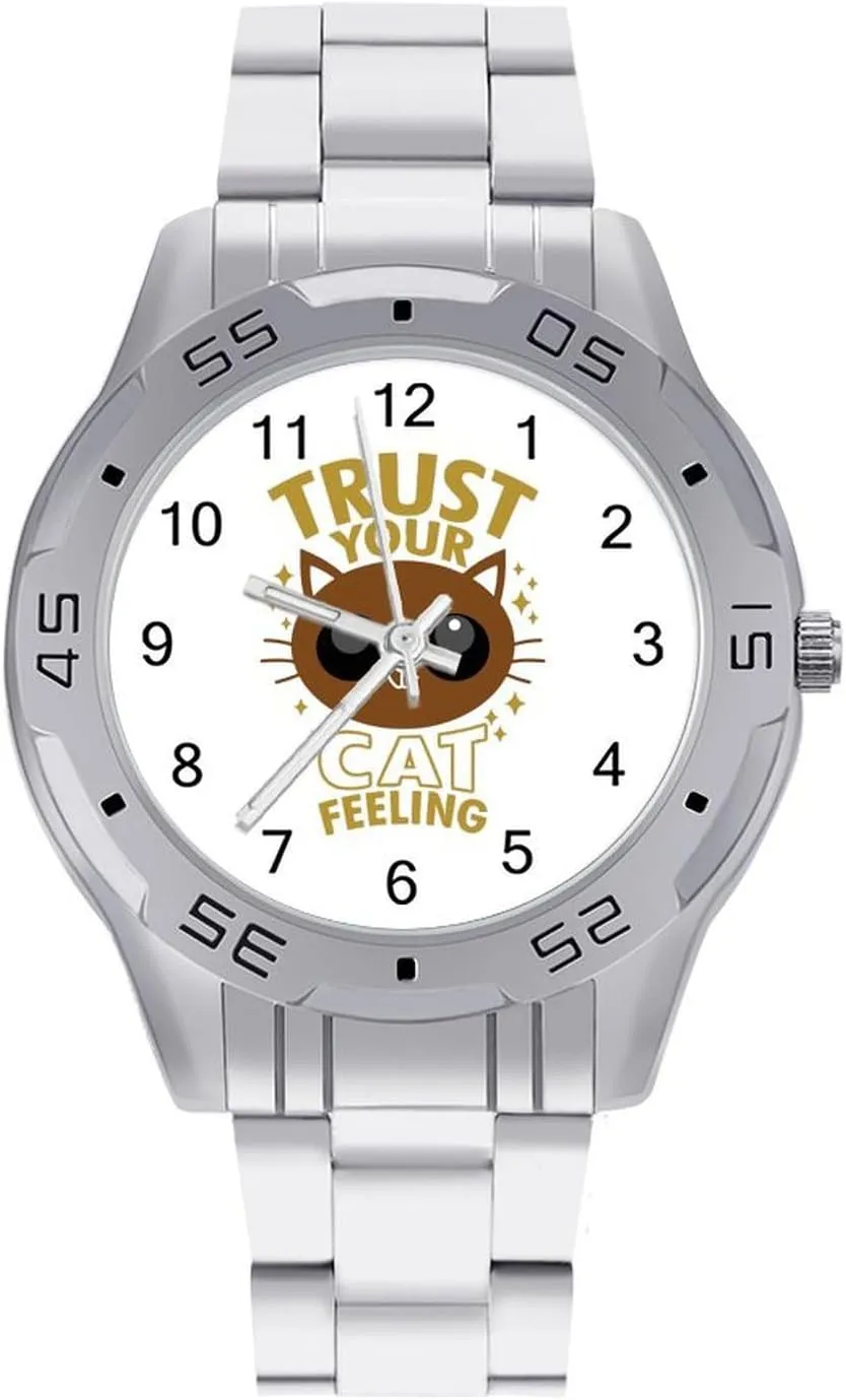 Trust Your Cat Feeling. Stainless Steel Metal Strap Simple Business Watches for Men Easy Reader Work Casual Watch