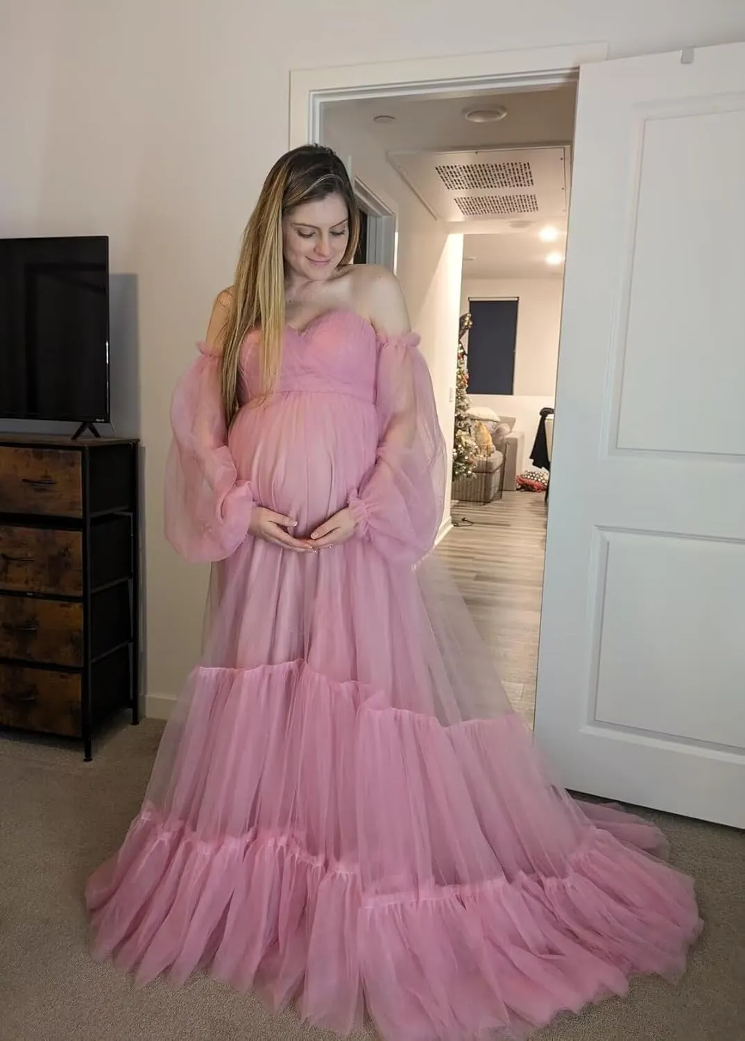 Tulle Long Maternity Dress for Photoshoot Puffy Sleeve Off Shoulder Babyshower Bridal Pregnancy Gowns
