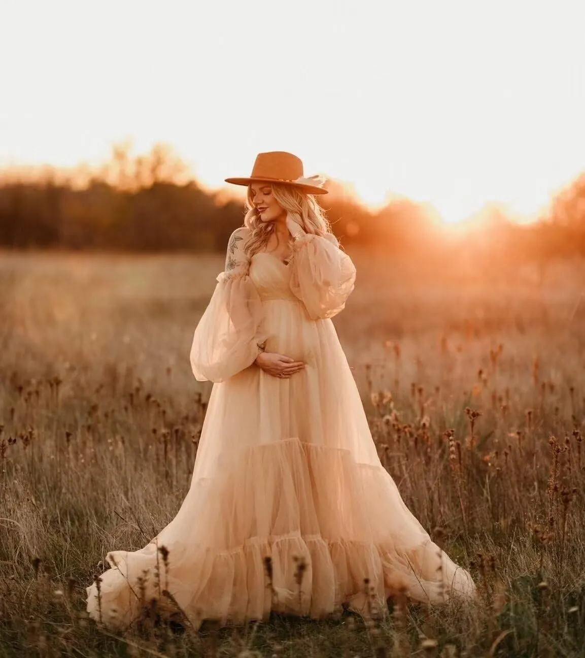Tulle Long Maternity Dress for Photoshoot Puffy Sleeve Off Shoulder Babyshower Bridal Pregnancy Gowns