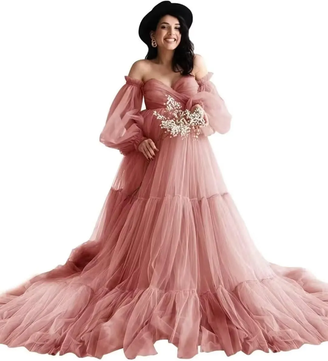 Tulle Long Maternity Dress for Photoshoot Puffy Sleeve Off Shoulder Babyshower Bridal Pregnancy Gowns