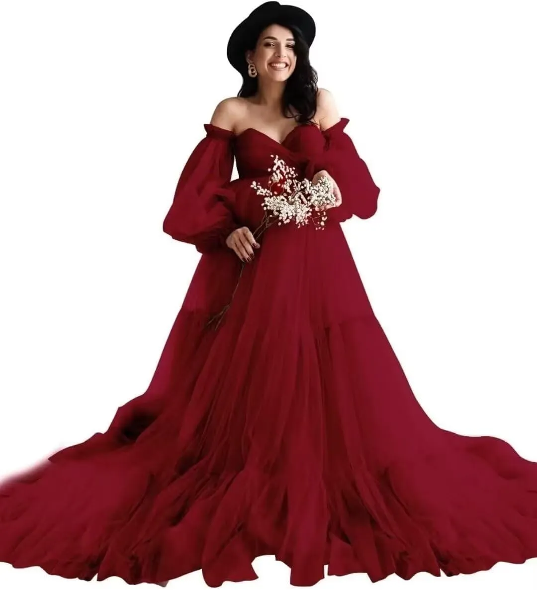 Tulle Long Maternity Dress for Photoshoot Puffy Sleeve Off Shoulder Babyshower Bridal Pregnancy Gowns