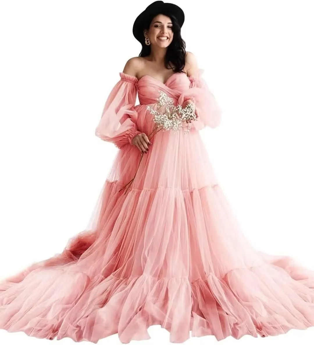 Tulle Maternity Dress for Photoshoot Winter Off Shoulder Maternity Gowns for Baby Shower Pregnancy Gowns