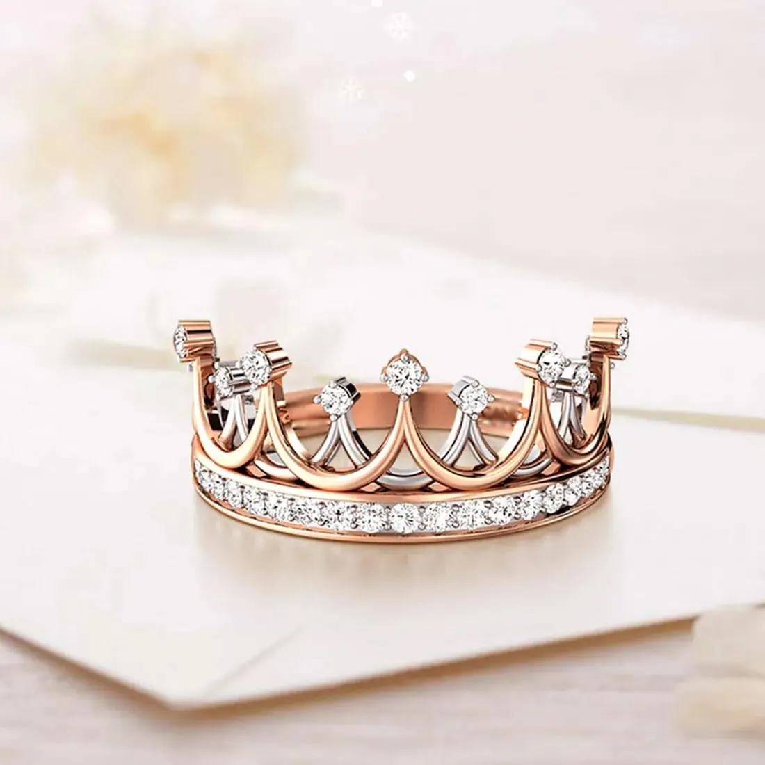 Two-Tone Crown Rose Gold And Silver Gemstone Band Princess Style Statement Ring