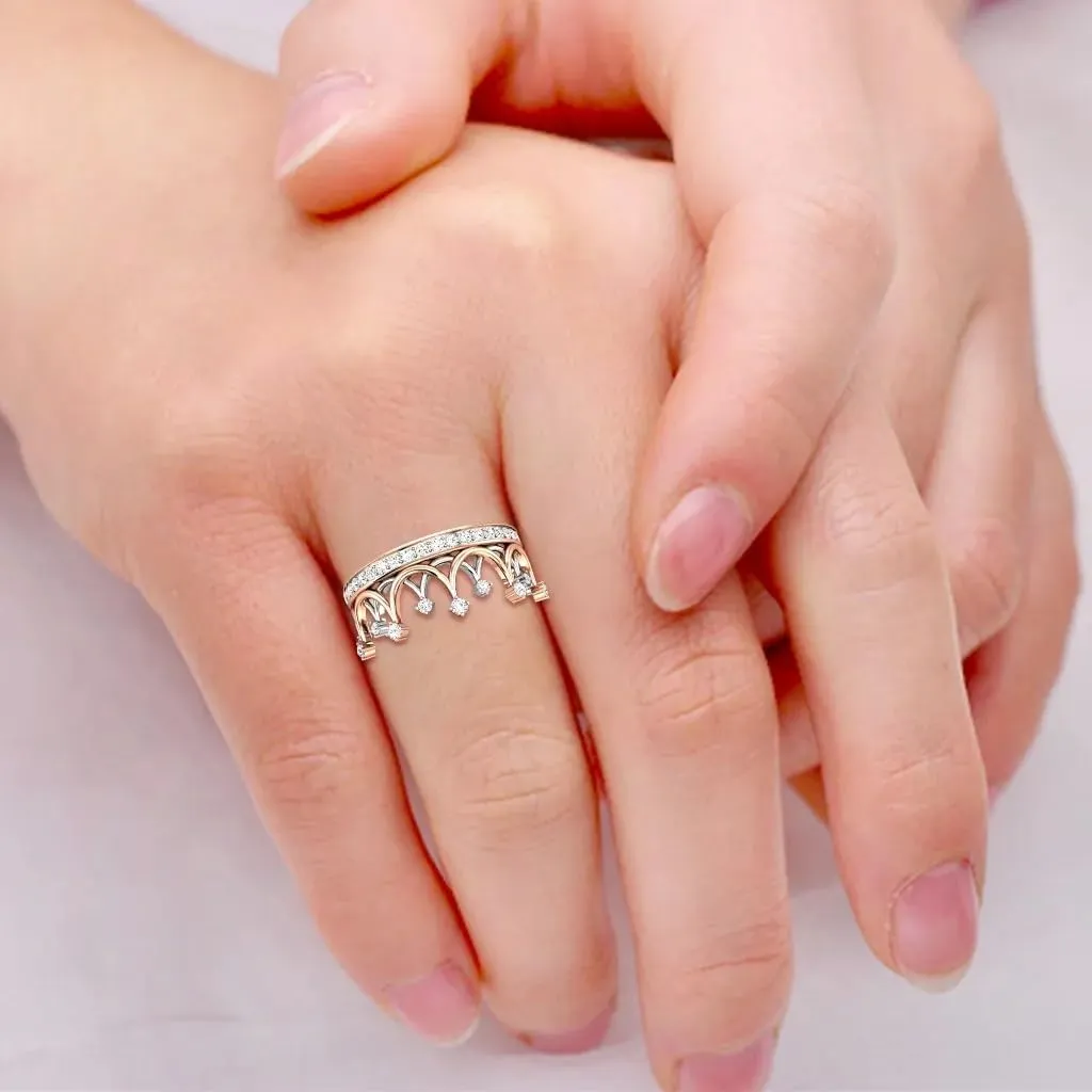 Two-Tone Crown Rose Gold And Silver Gemstone Band Princess Style Statement Ring
