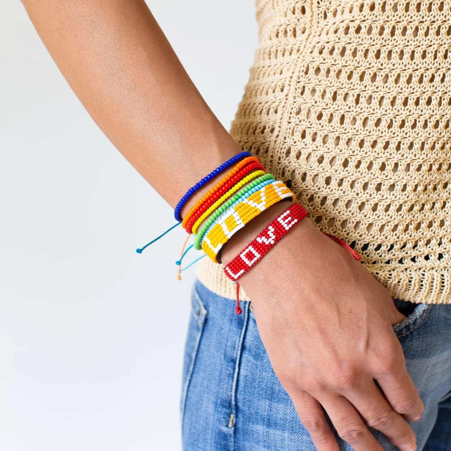 Ubuntu Life Beaded Woven LOVE Bracelet  Handmade Glass Bead Bracelet with Slide Closure, Made from Vegan Materials, Stackable Bracelets for Women and Men