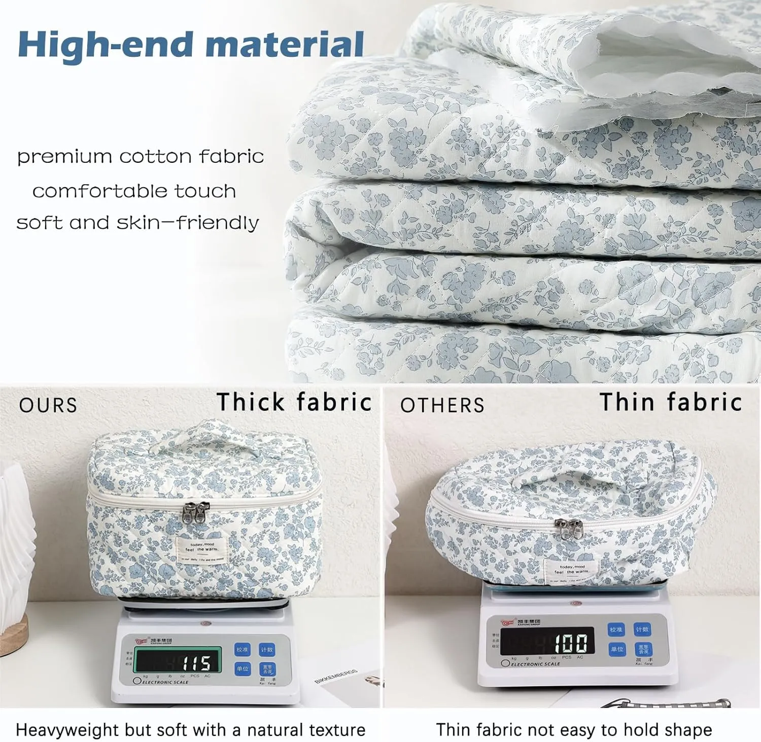 uekeboag Large Travel Quilted Makeup Bag for Women, Floral Cotton Cosmetic Bag, Coquette Aesthetic Floral Toiletry Organizer Bag