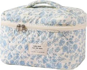 uekeboag Large Travel Quilted Makeup Bag for Women, Floral Cotton Cosmetic Bag, Coquette Aesthetic Floral Toiletry Organizer Bag