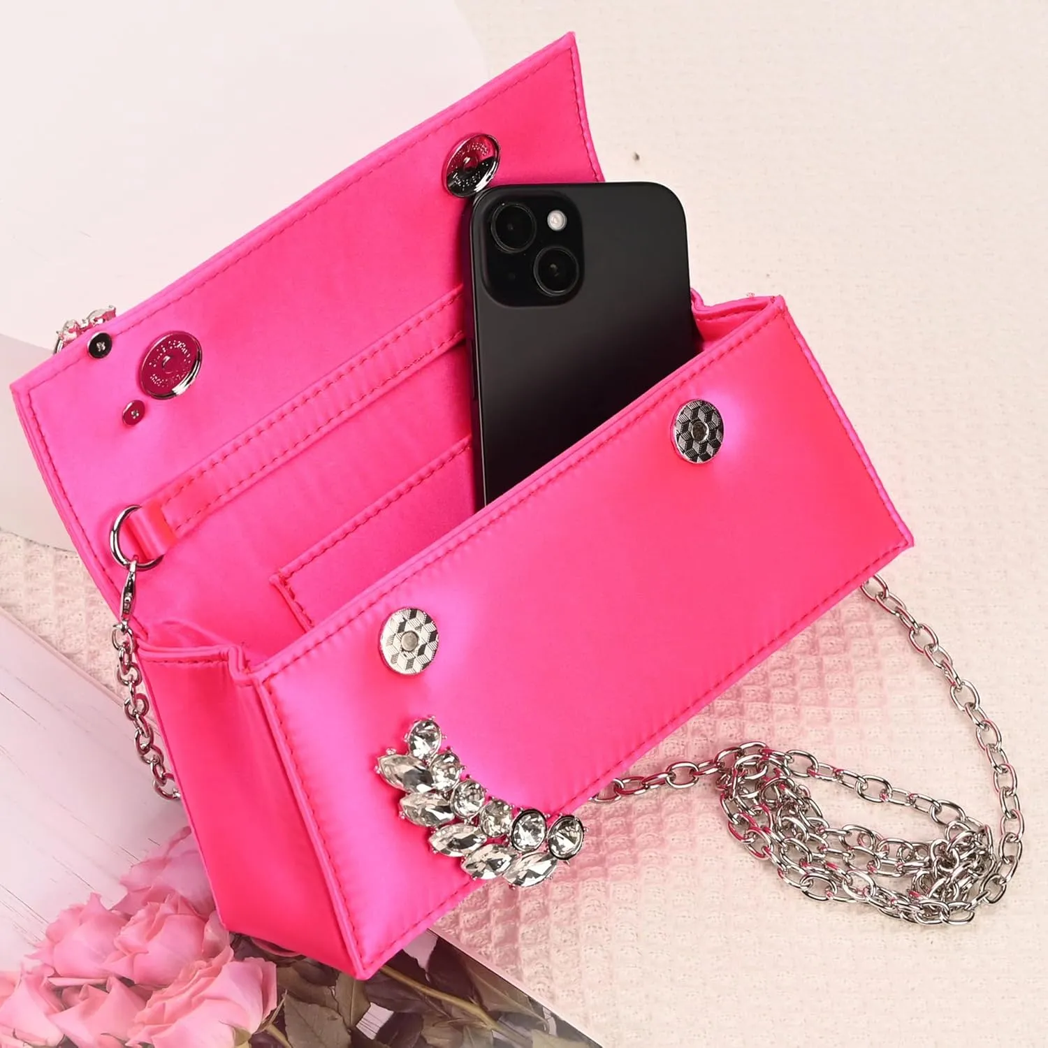 URAWOW Rhinestone Evening Clutch for Women Shiny Sparkly Handbags for Party Wedding Chic Satin Purses