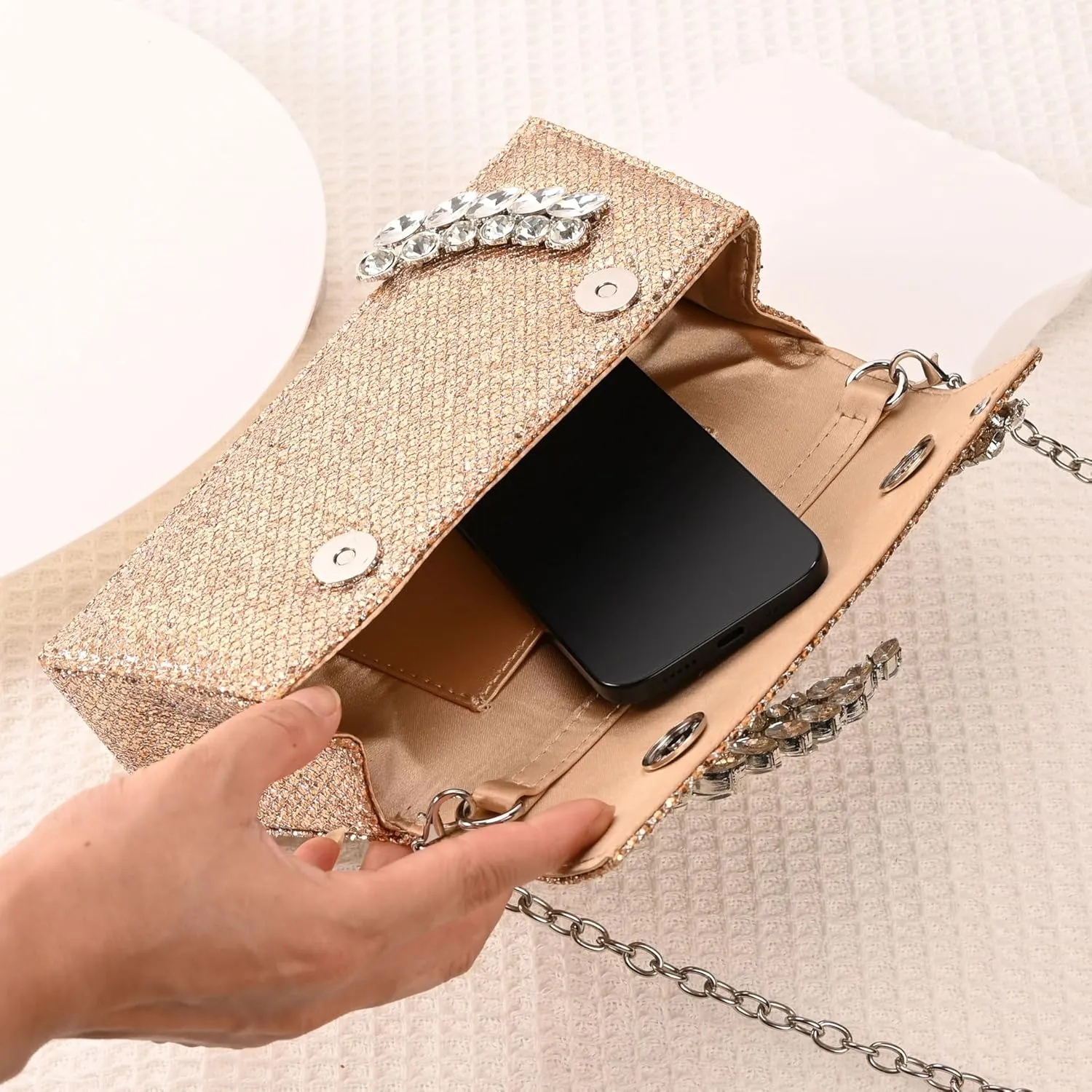 URAWOW Rhinestone Evening Clutch for Women Shiny Sparkly Handbags for Party Wedding Chic Satin Purses