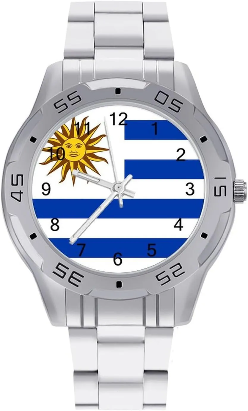 Uruguay Flag Stainless Steel Metal Strap Simple Business Watches for Men Easy Reader Work Casual Watch