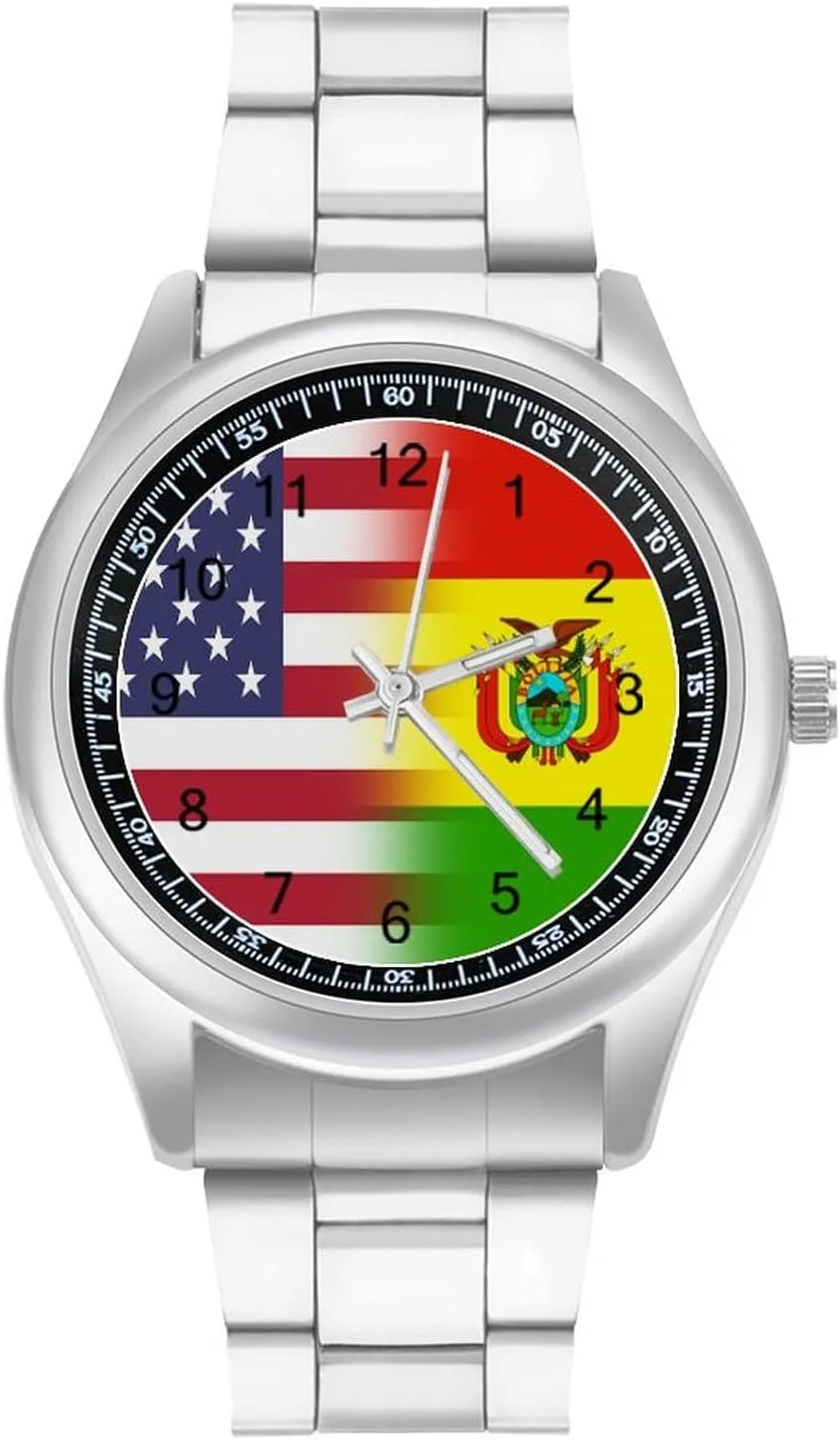 U.S.A Bolivia Flag Stainless Steel Strap Simple Business Watches for Men Easy Reader Work Casual Watch