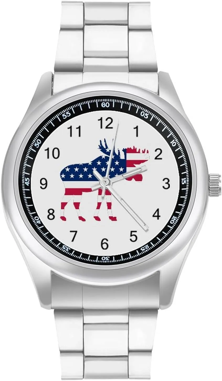 U.S.A Flag Moose Stainless Steel Strap Simple Business Watches for Men Easy Reader Work Casual Watch