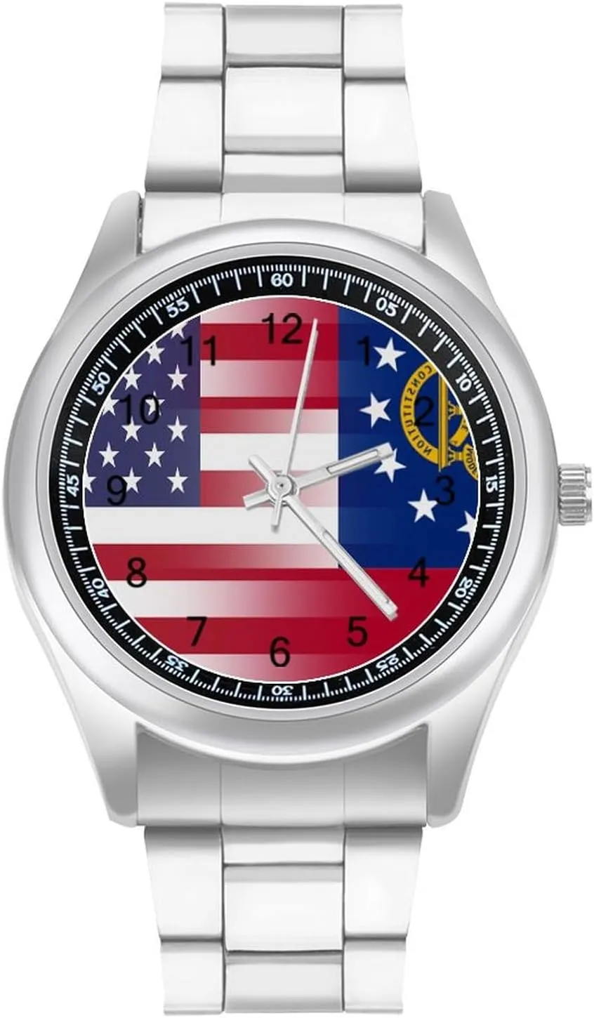 U.S.A Georgia State Flag Stainless Steel Strap Simple Business Watches for Men Easy Reader Work Casual Watch