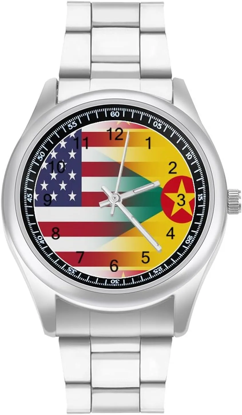 U.S.A Grenada Flag Stainless Steel Strap Simple Business Watches for Men Easy Reader Work Casual Watch