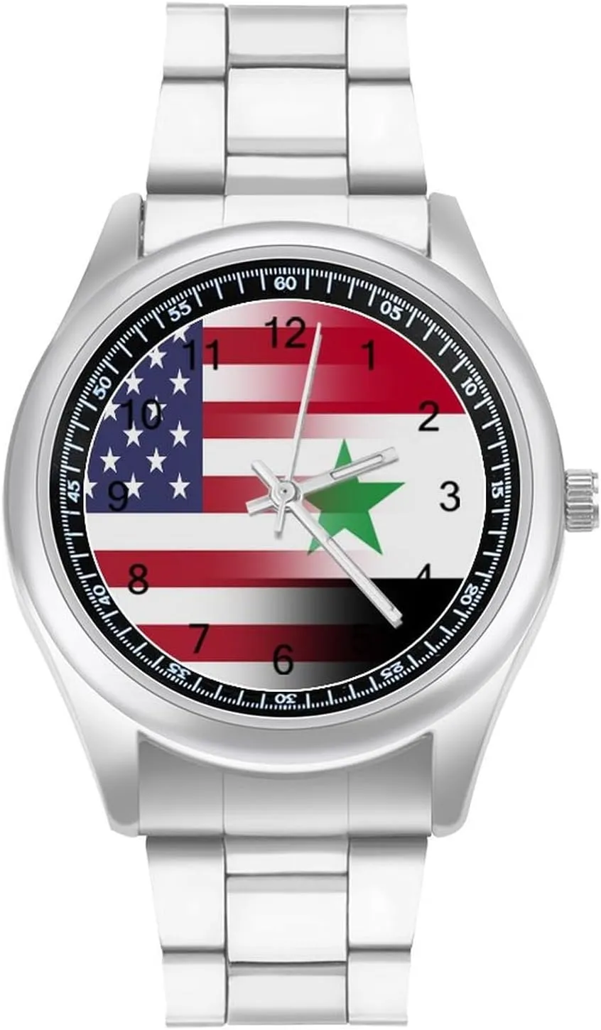 U.S.A Syria Flag Stainless Steel Strap Simple Business Watches for Men Easy Reader Work Casual Watch