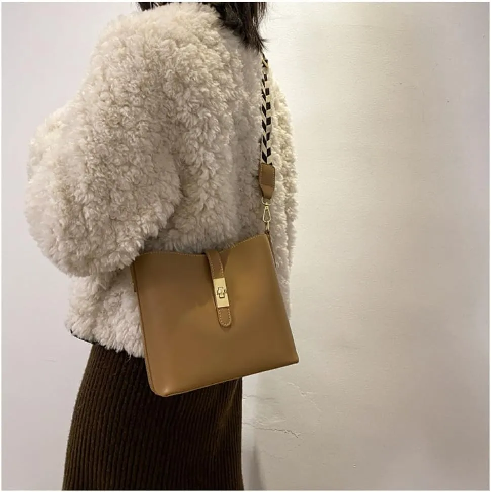 Vegan Leather Crossbody Bag for Women Hobo Bucket Satchel Bag with Guitar Strap Shoulder Bucket Handbag Purse