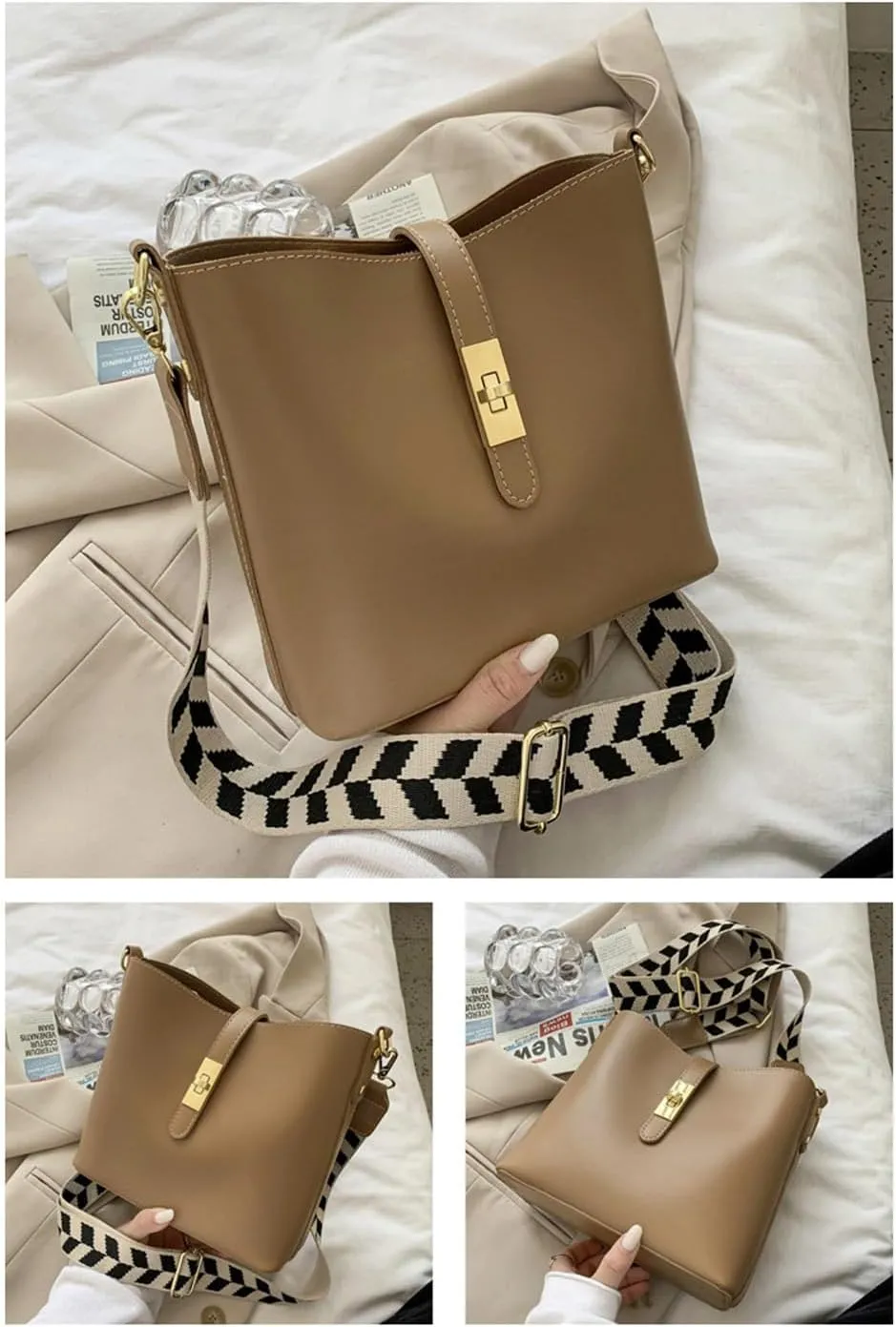 Vegan Leather Crossbody Bag for Women Hobo Bucket Satchel Bag with Guitar Strap Shoulder Bucket Handbag Purse