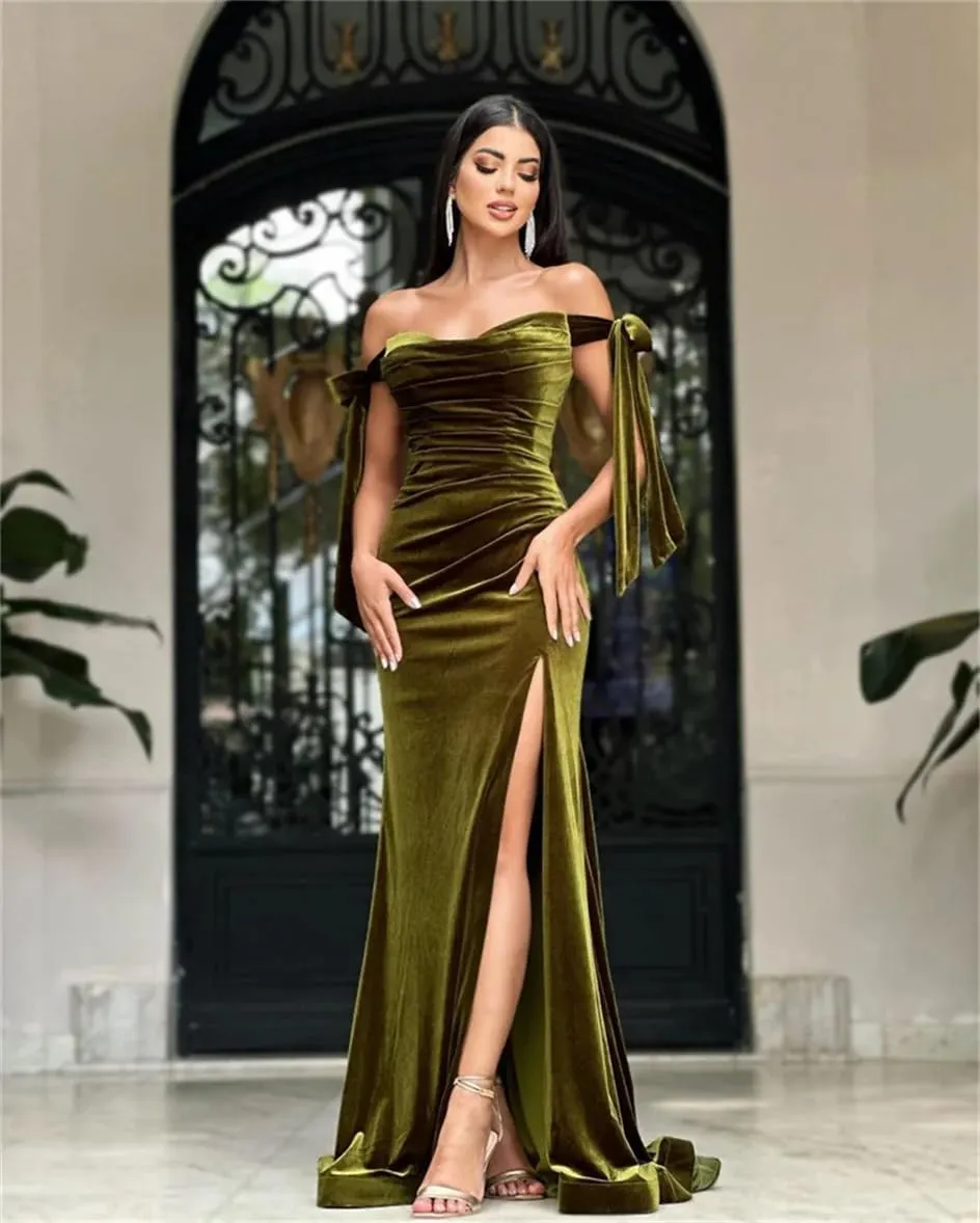 Verngo Women's Velvet Off Shoulder Bridesmaid Dresses Corset Bow Strap Slit Formal Wedding Guest Dress Long
