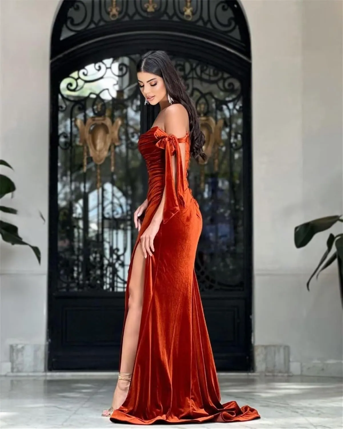 Verngo Women's Velvet Off Shoulder Bridesmaid Dresses Corset Bow Strap Slit Formal Wedding Guest Dress Long