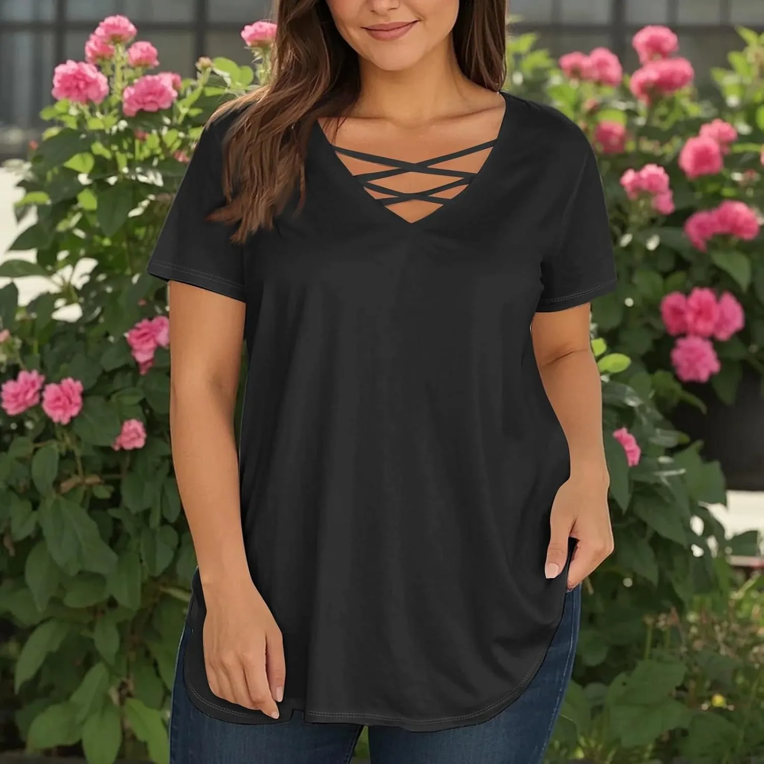 Vestidos De Verano para Mujer 2025 Casual Loose Elegant Short Sleeve V-Neck Solid Shirt Tops Outfits, L-4XL
