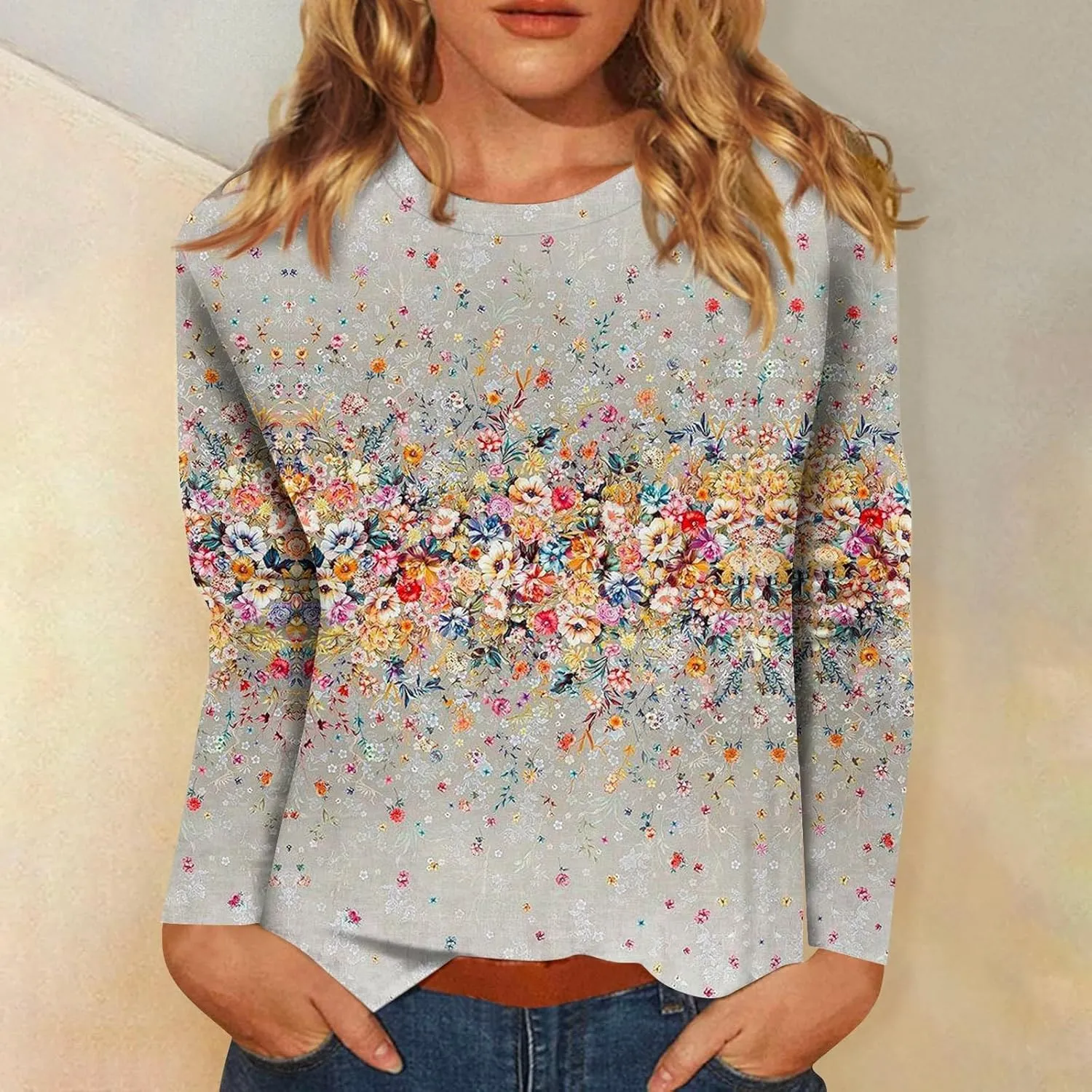 Vintage Tees for Women Women's Fashion Casual Round Neck Long Sleeve Printed T-Shirt Top