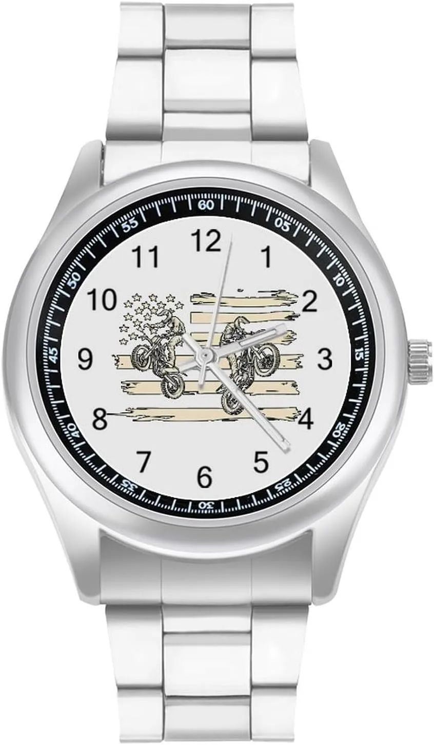 Vintage U.S.A Flag Motocross Dirt Bike Stainless Steel Strap Simple Business Watches for Men Easy Reader Work Casual Watch
