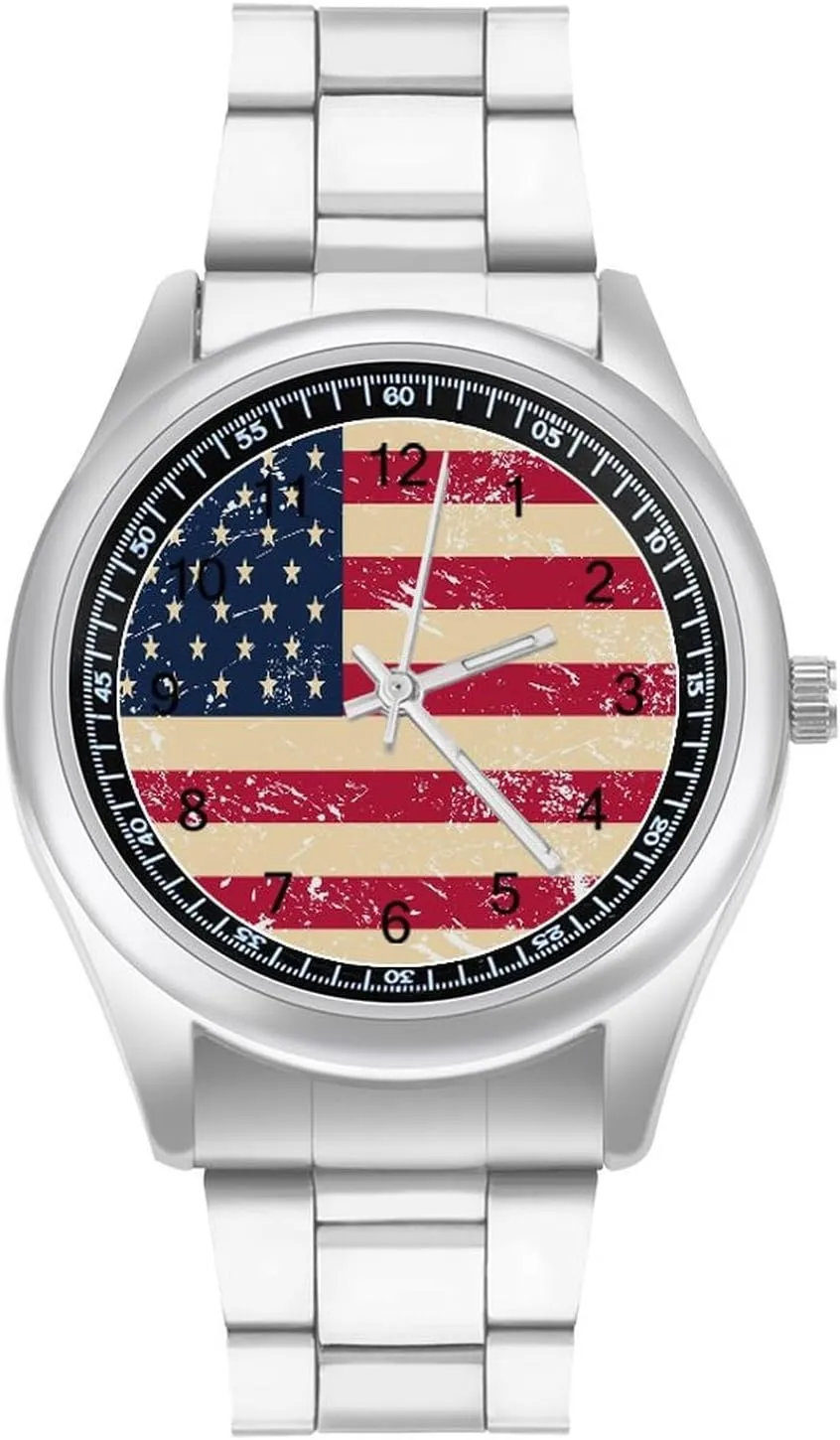 Vintage U.S.A Flag Stainless Steel Strap Simple Business Watches for Men Easy Reader Work Casual Watch