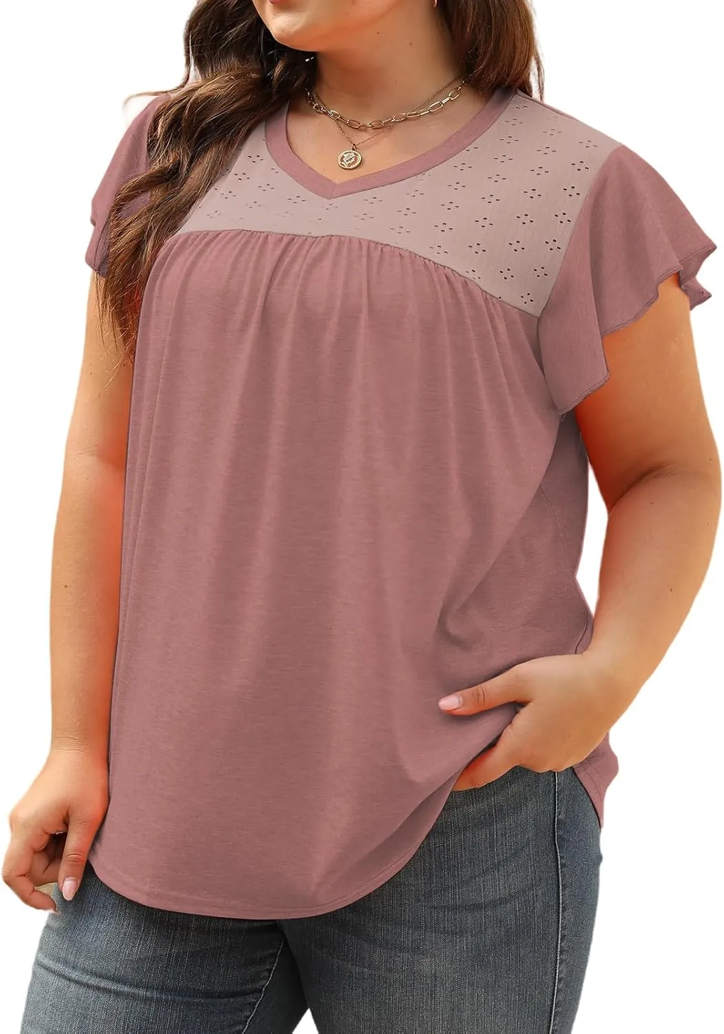 VISLILY Plus-Size-Womens-Tops-Summer V-Neck T Shirts Ruffle Cap Sleeve Blouses Pleated Tunics Casual Eyelet Tee