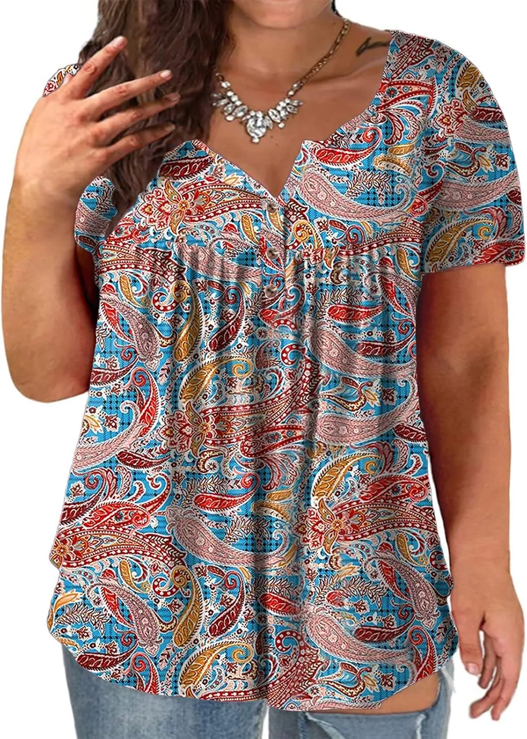 VISLILY Women's Plus Size Henley Shirts Flowy Summer Tops Pleated Buttons Up Tunics