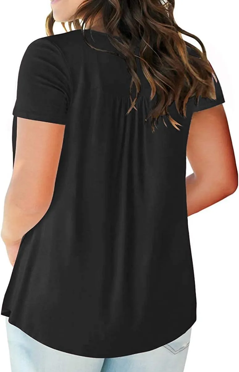 VISLILY Women's Plus Size Henley Shirts Flowy Summer Tops Pleated Buttons Up Tunics