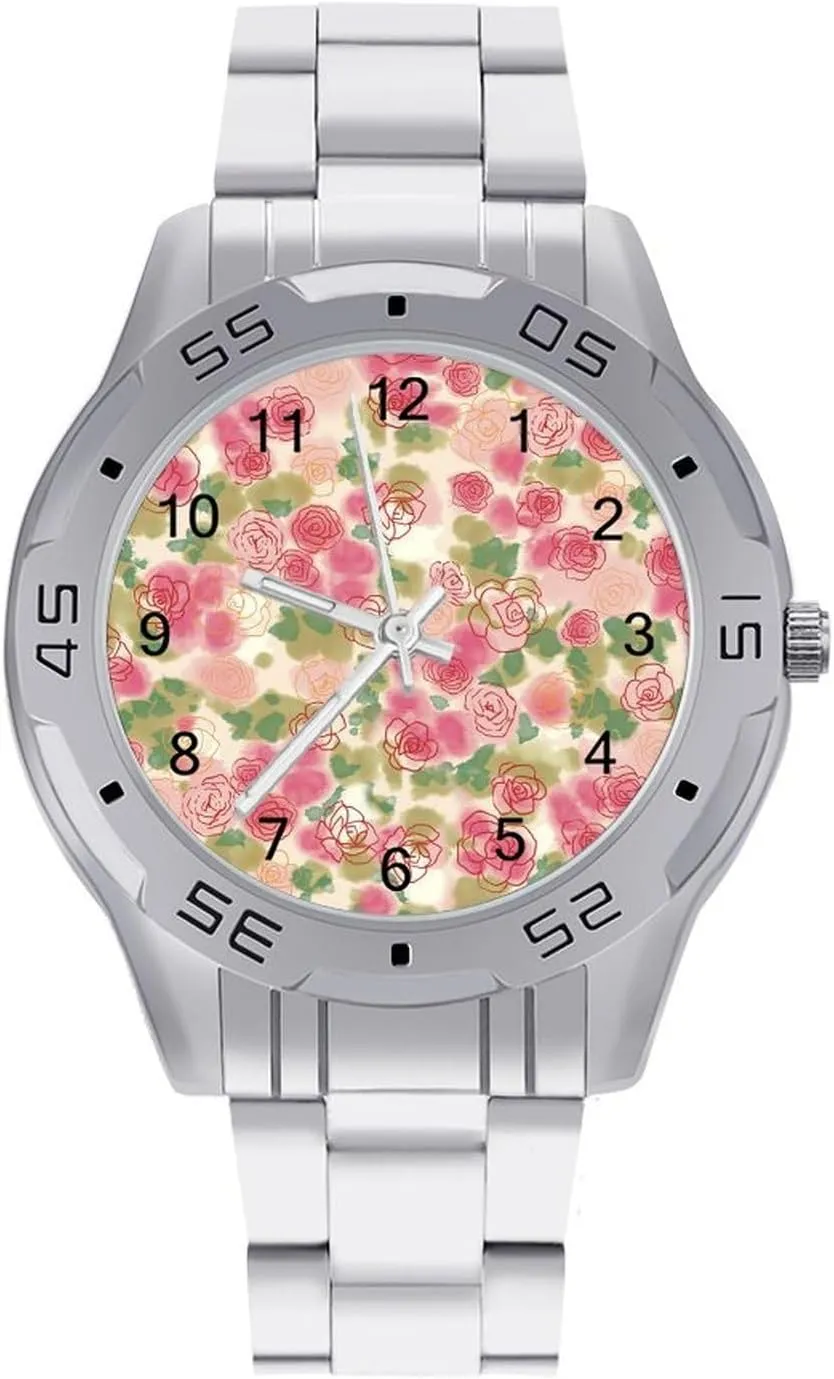 Watercolor Rose Flower Stainless Steel Metal Strap Simple Business Watches for Men Easy Reader Work Casual Watch