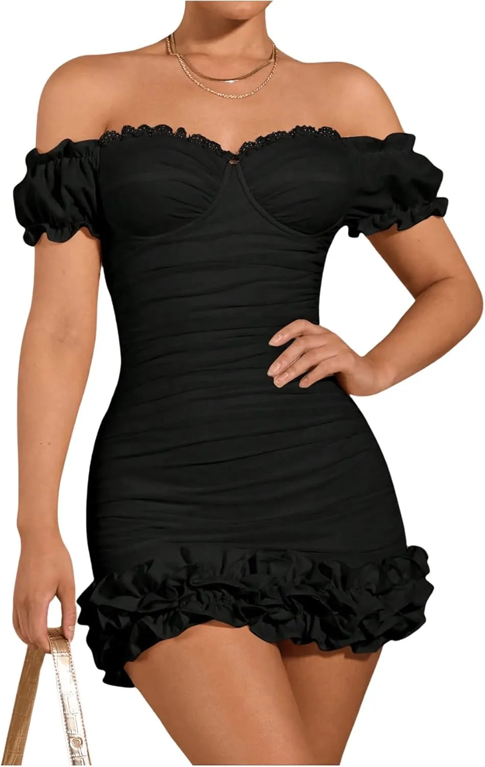 WDIRARA Women's Off Shoulder Puff Sleeve Ruffle Bodycon Dress Cocktail Party Mini Dress