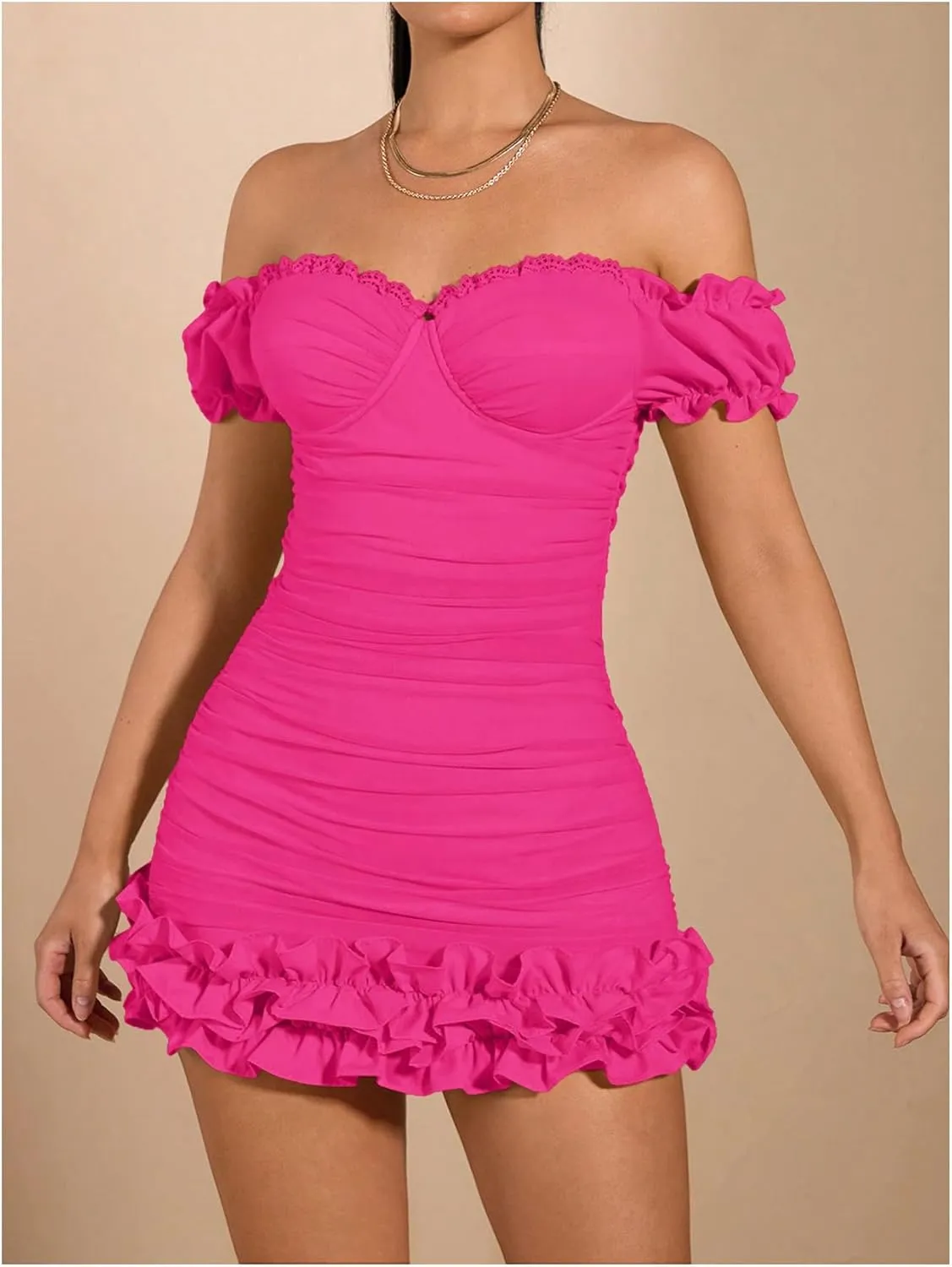 WDIRARA Women's Off Shoulder Puff Sleeve Ruffle Bodycon Dress Cocktail Party Mini Dress