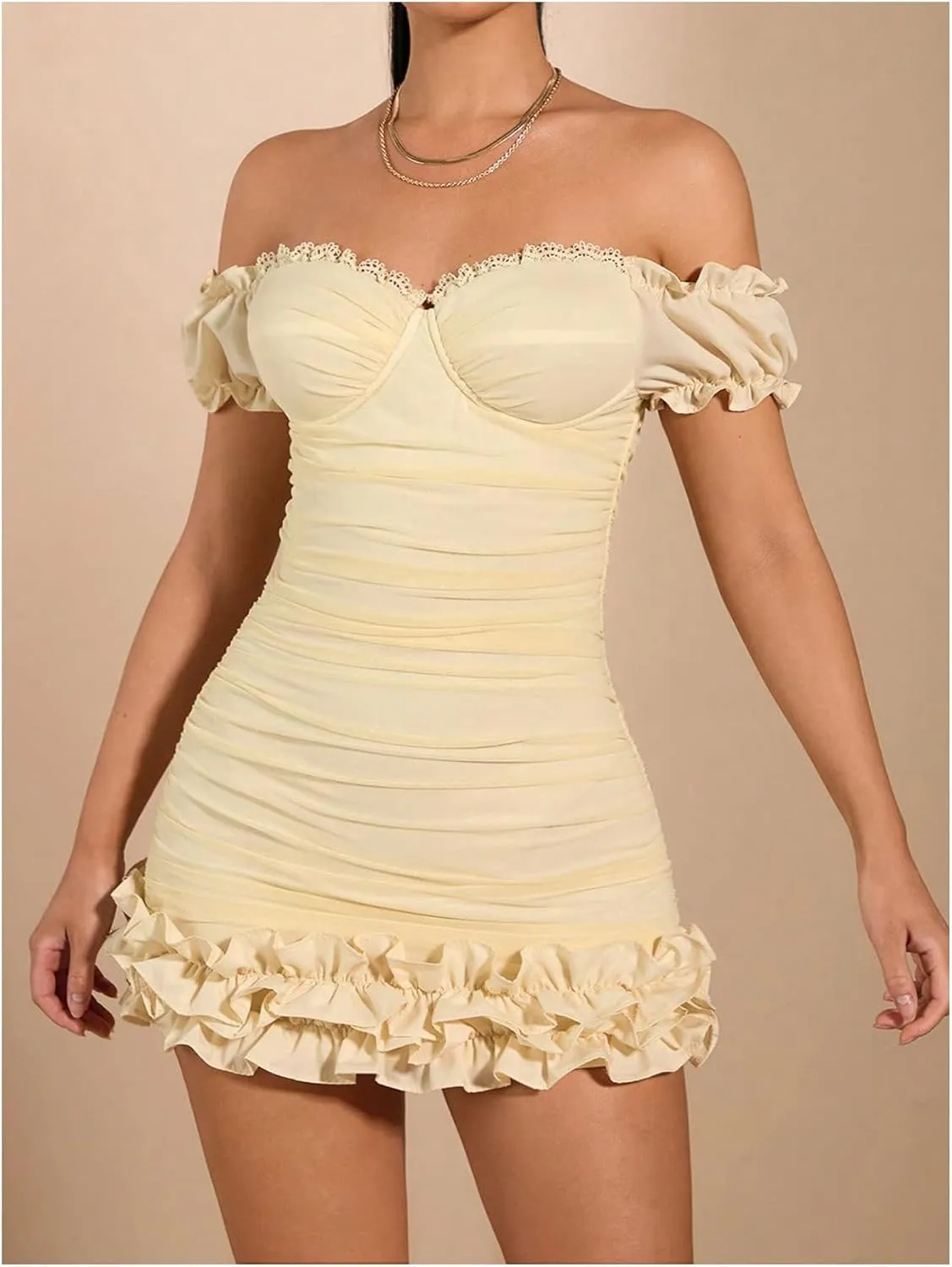 WDIRARA Women's Off Shoulder Puff Sleeve Ruffle Bodycon Dress Cocktail Party Mini Dress