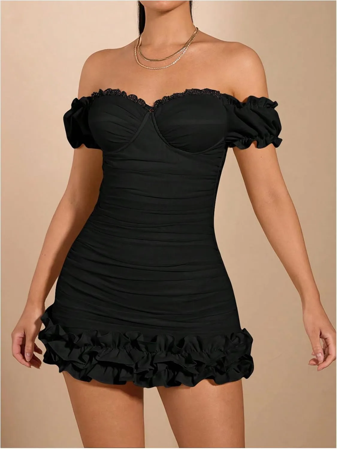 WDIRARA Women's Off Shoulder Puff Sleeve Ruffle Bodycon Dress Cocktail Party Mini Dress