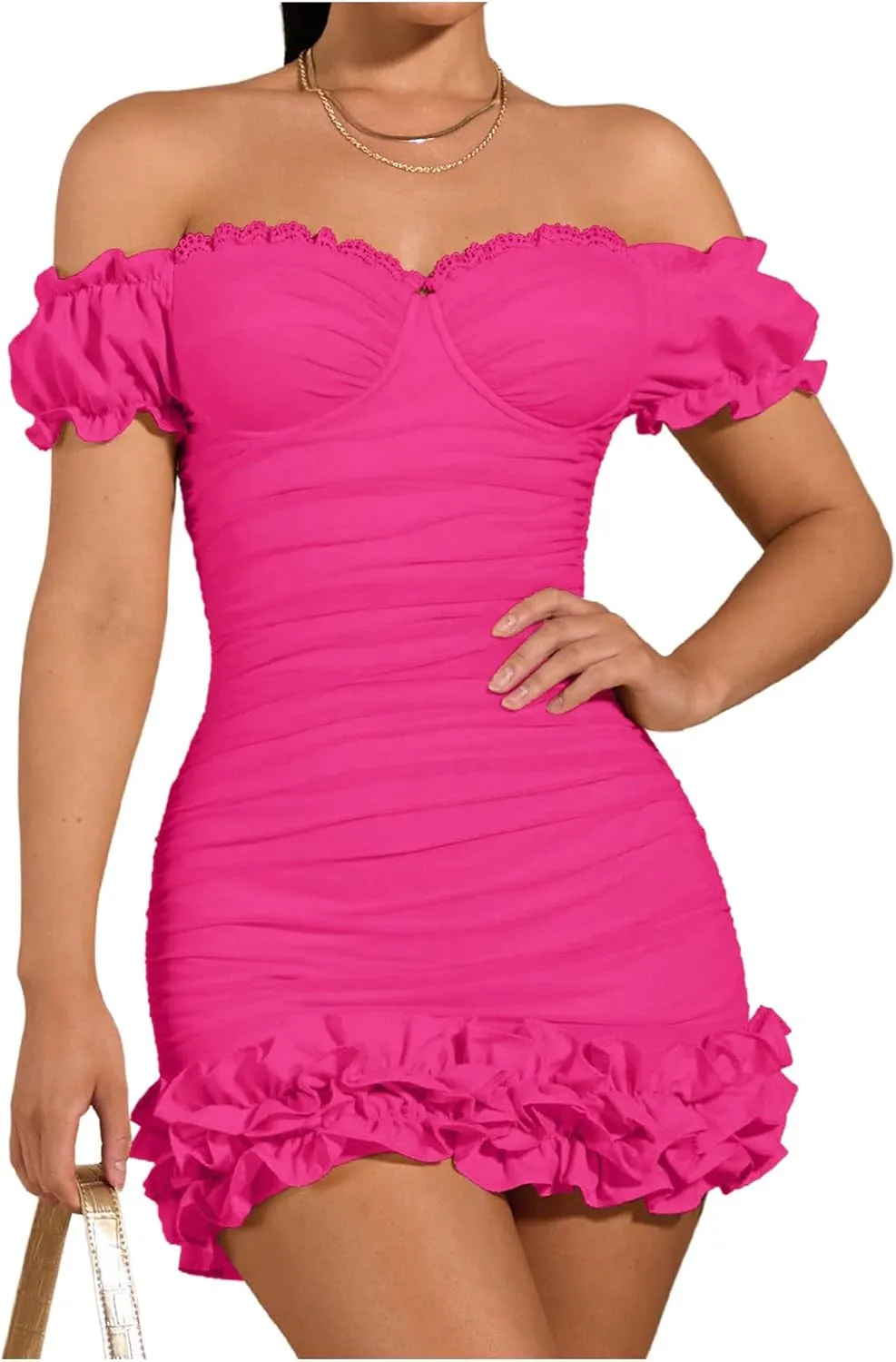WDIRARA Women's Off Shoulder Puff Sleeve Ruffle Bodycon Dress Cocktail Party Mini Dress
