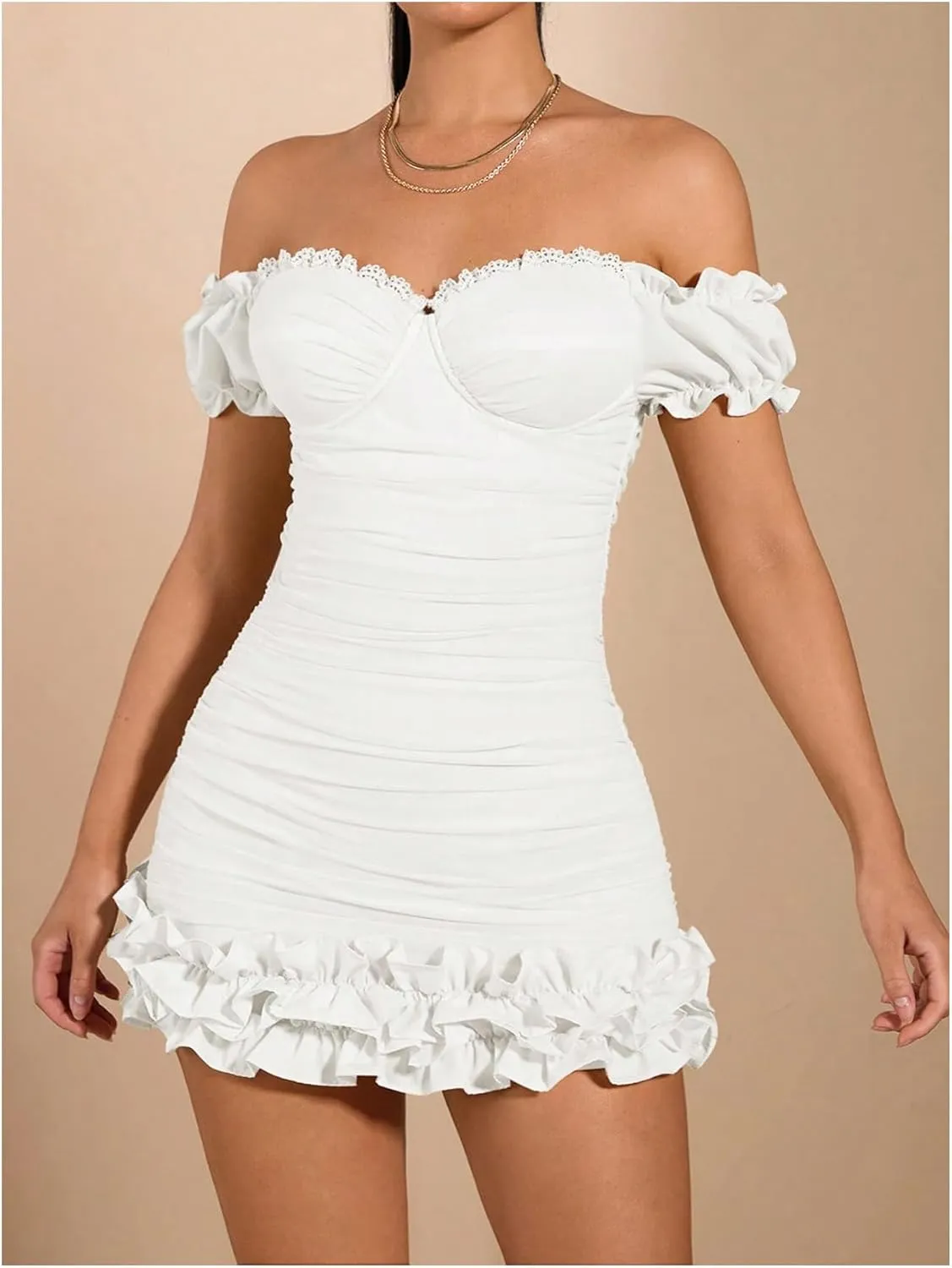 WDIRARA Women's Off Shoulder Puff Sleeve Ruffle Bodycon Dress Cocktail Party Mini Dress