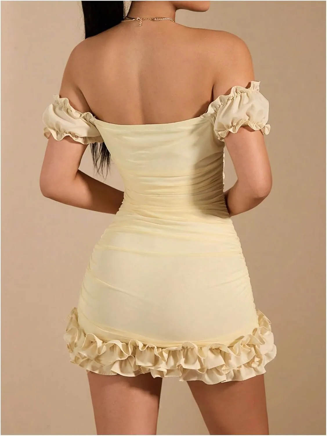 WDIRARA Women's Off Shoulder Puff Sleeve Ruffle Bodycon Dress Cocktail Party Mini Dress