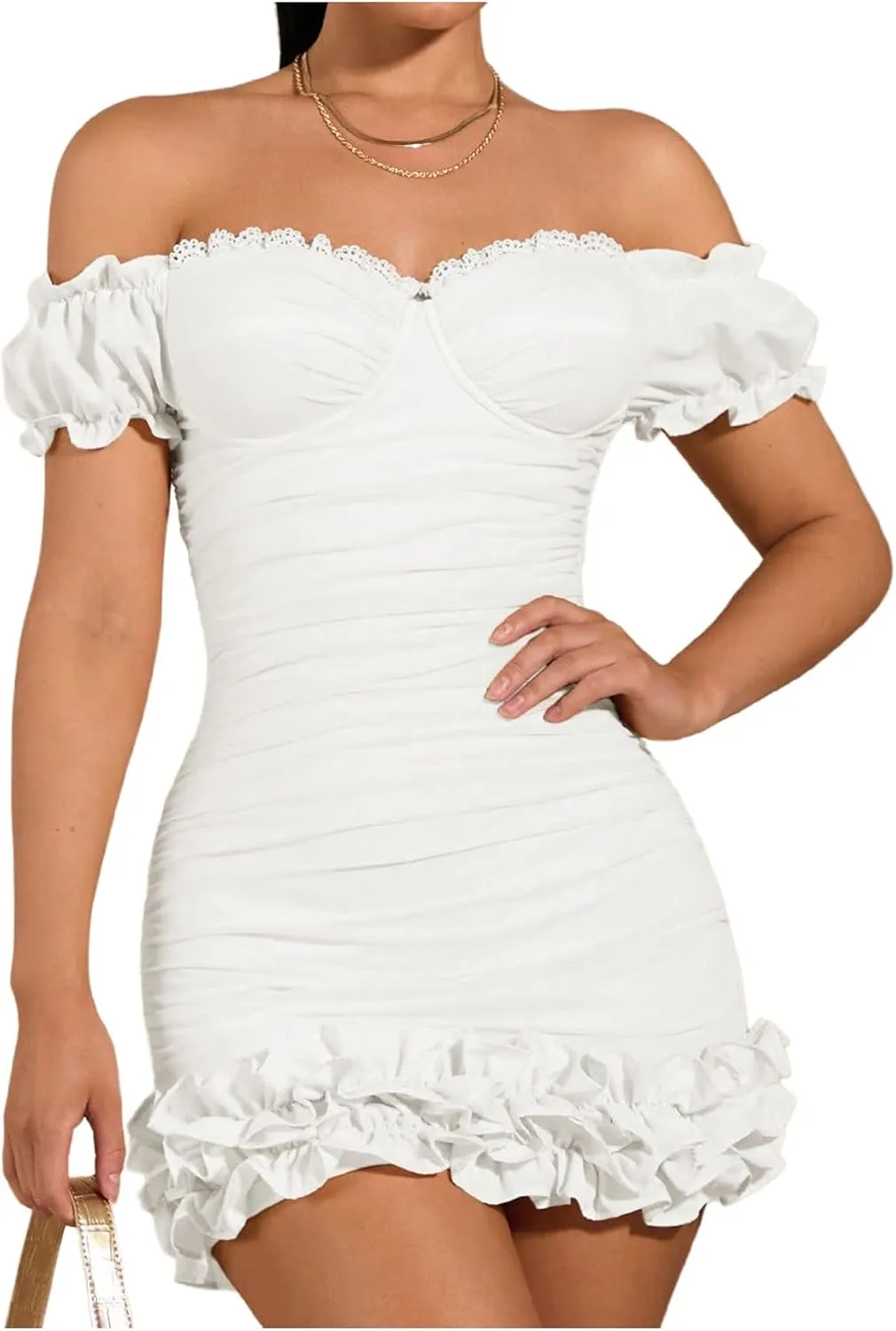 WDIRARA Women's Off Shoulder Puff Sleeve Ruffle Bodycon Dress Cocktail Party Mini Dress